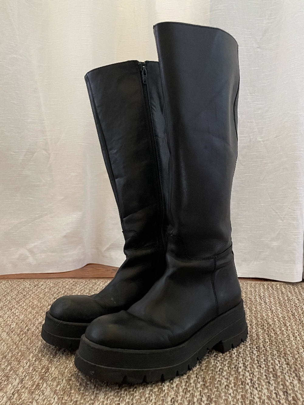 Black Leather Platform Knee High Boots - Picture 2 of 7